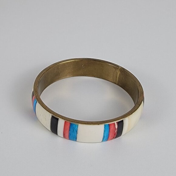 Vintage Natural Materials Overlay Brass Bangle Bracelet 8.25 In Multicolor - Picture 4 of 7